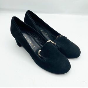 Lola Cruz Black Suede Gold Tone Accent Chunky Heels / Pumps